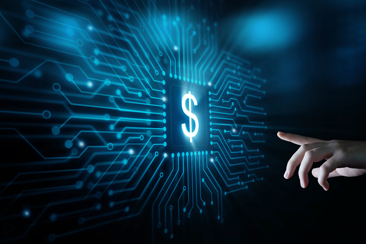 Digital Banking hand reaching toward dollar sign