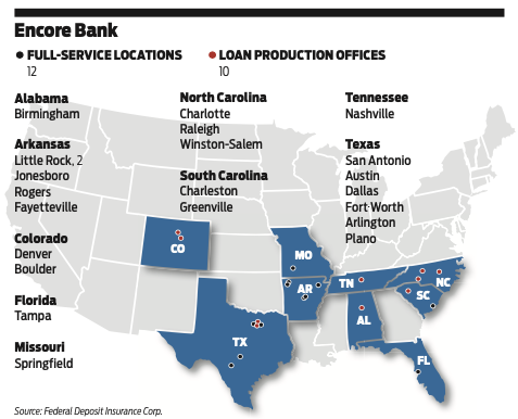 Map of Encore's Full Service Locations and Loan Production Offices